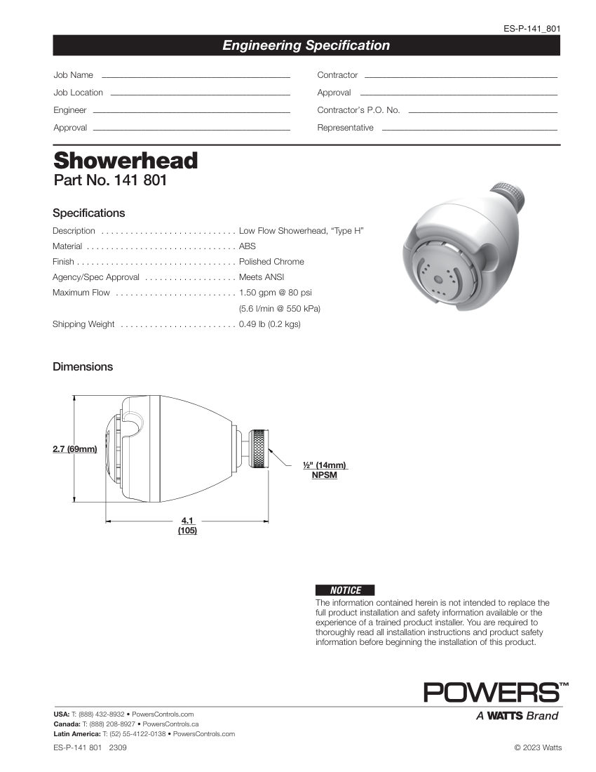 Powers 141 801 cut sheet — first page