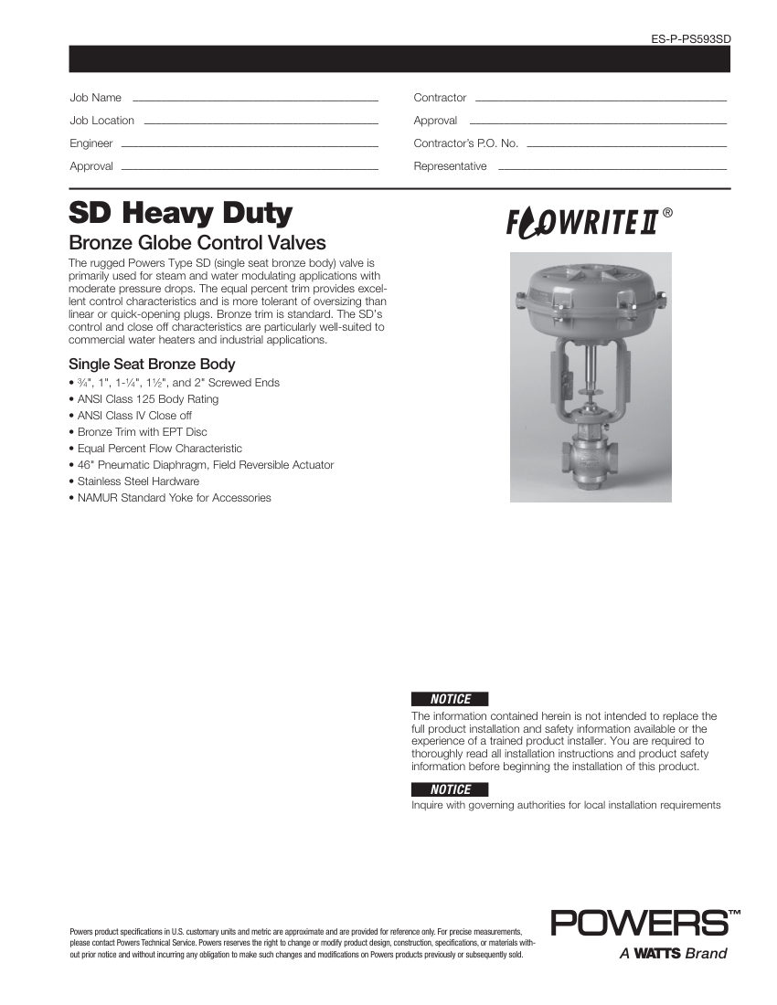 Powers 593-SD cut sheet — first page
