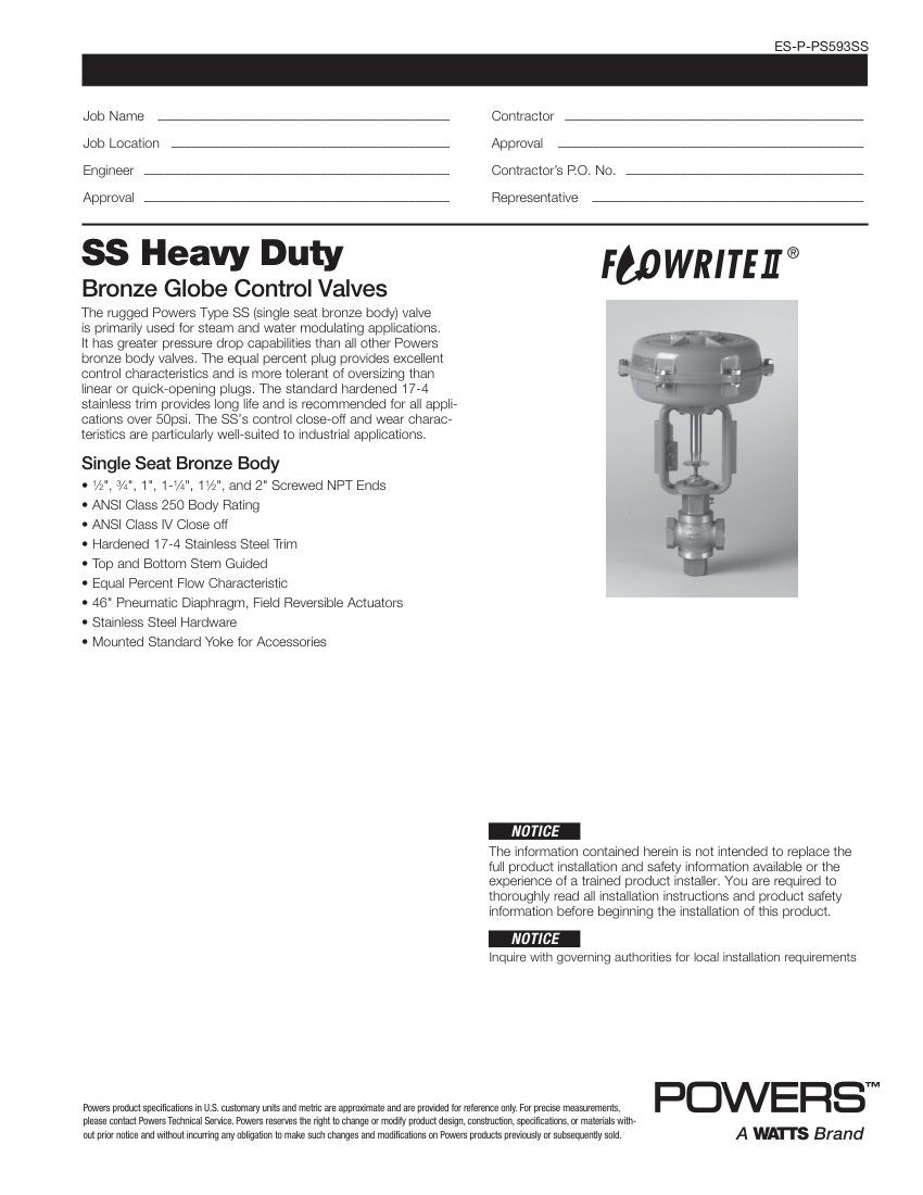 Powers 593-SS cut sheet — first page