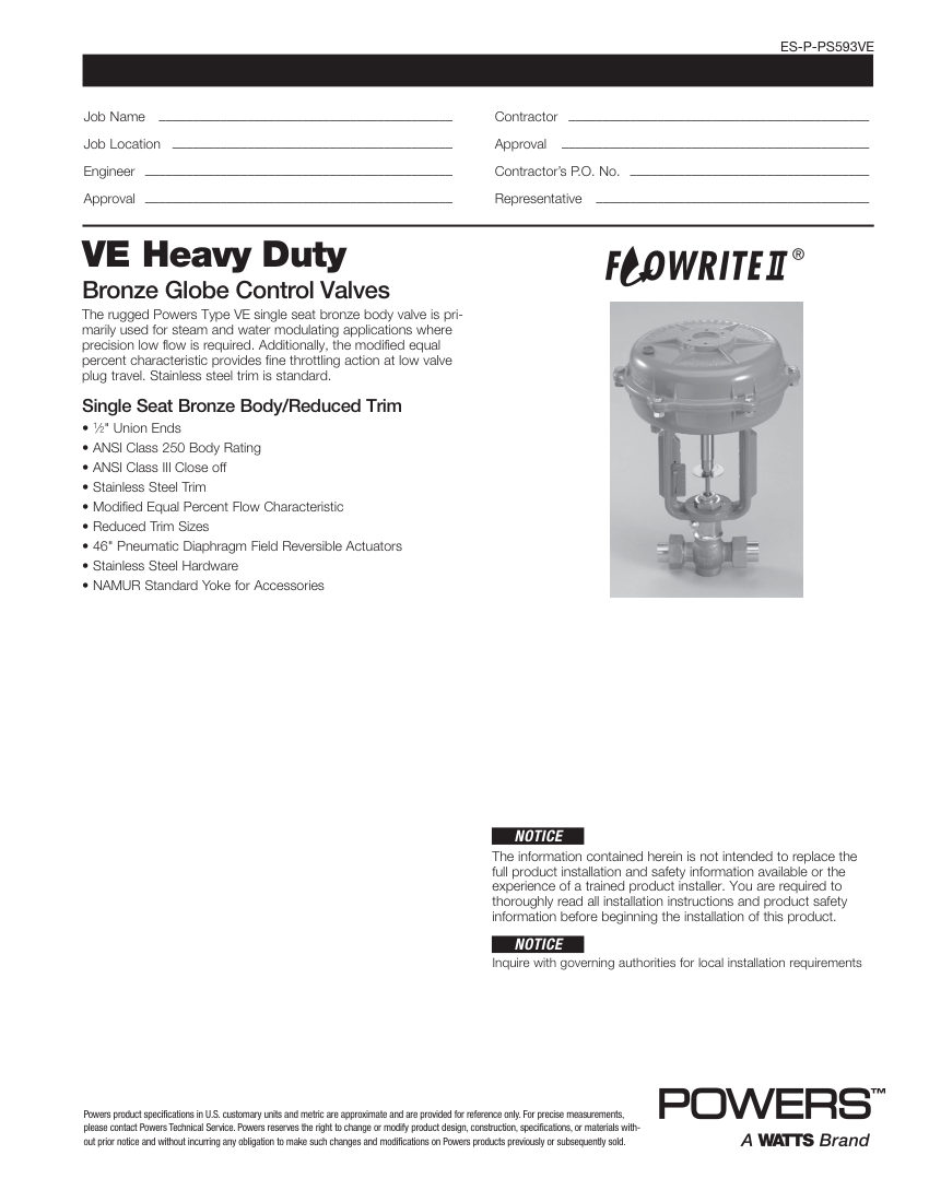 Powers 593-VE cut sheet — first page