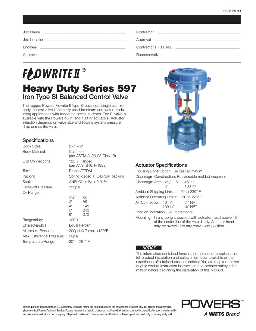 Powers 597-S cut sheet — first page