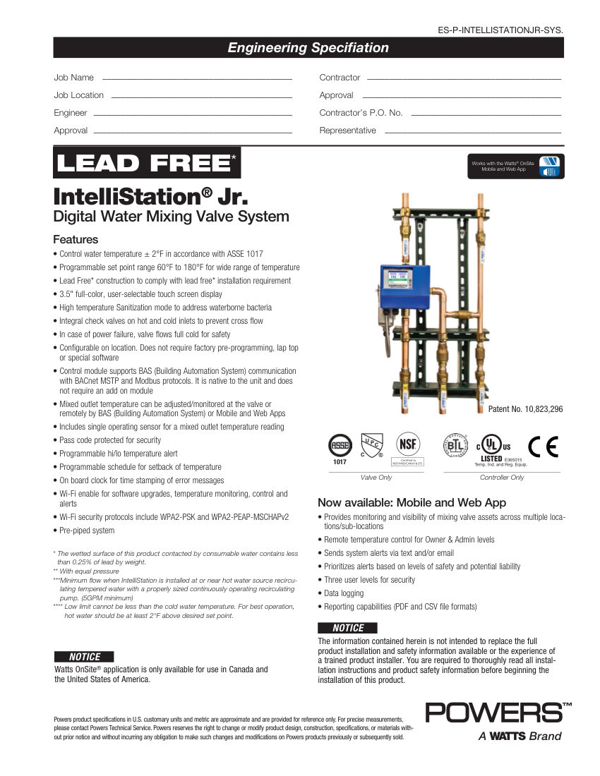 Powers LFIS075VL-SYS075RTN cut sheet — first page