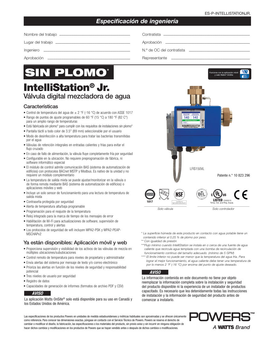 Powers LFIS075VL cut sheet — first page
