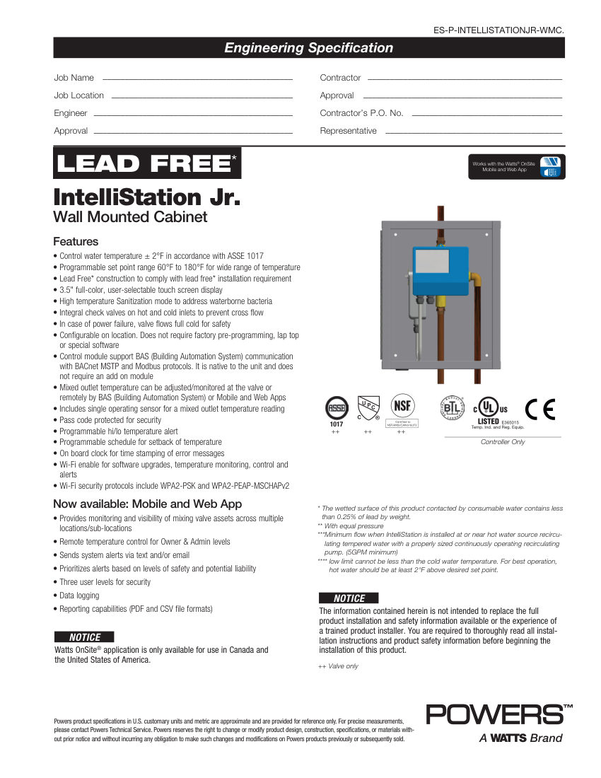 Powers LFIS075VLQ0 cut sheet — first page