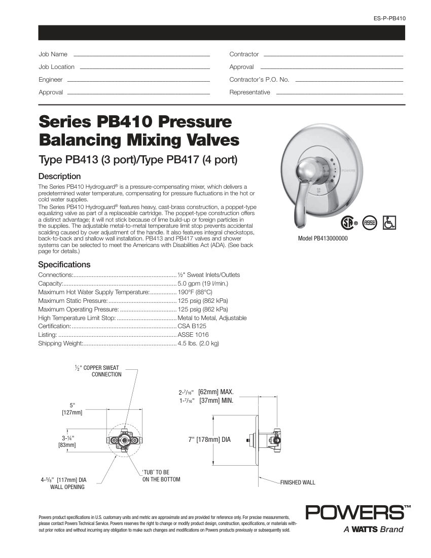 Powers PB413 cut sheet — first page
