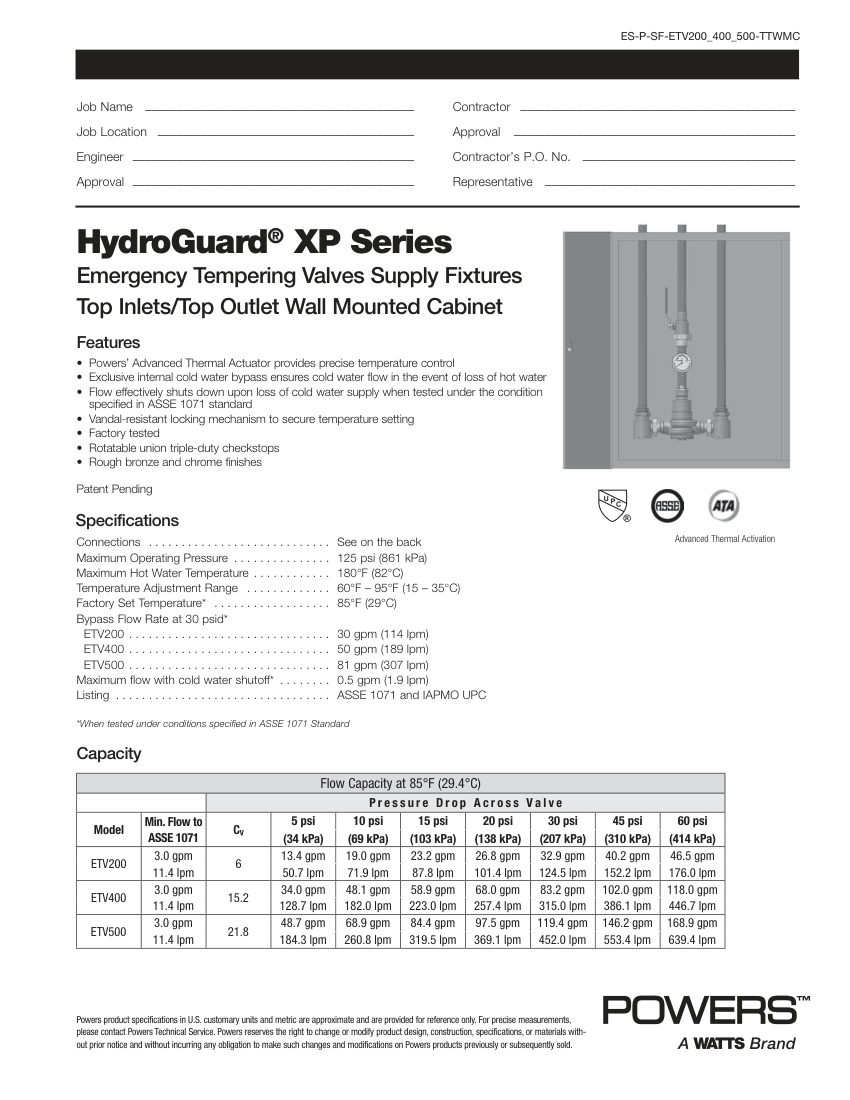 Powers Powers ETV200 Cabinet - Top Inlet/Top Outlet - Wall Mounted cut sheet — first page