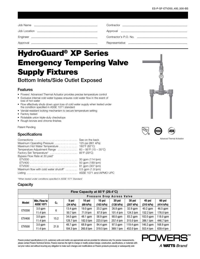 Powers Powers ETV200 Exposed - Bottom Inlet/Side Outlet cut sheet — first page
