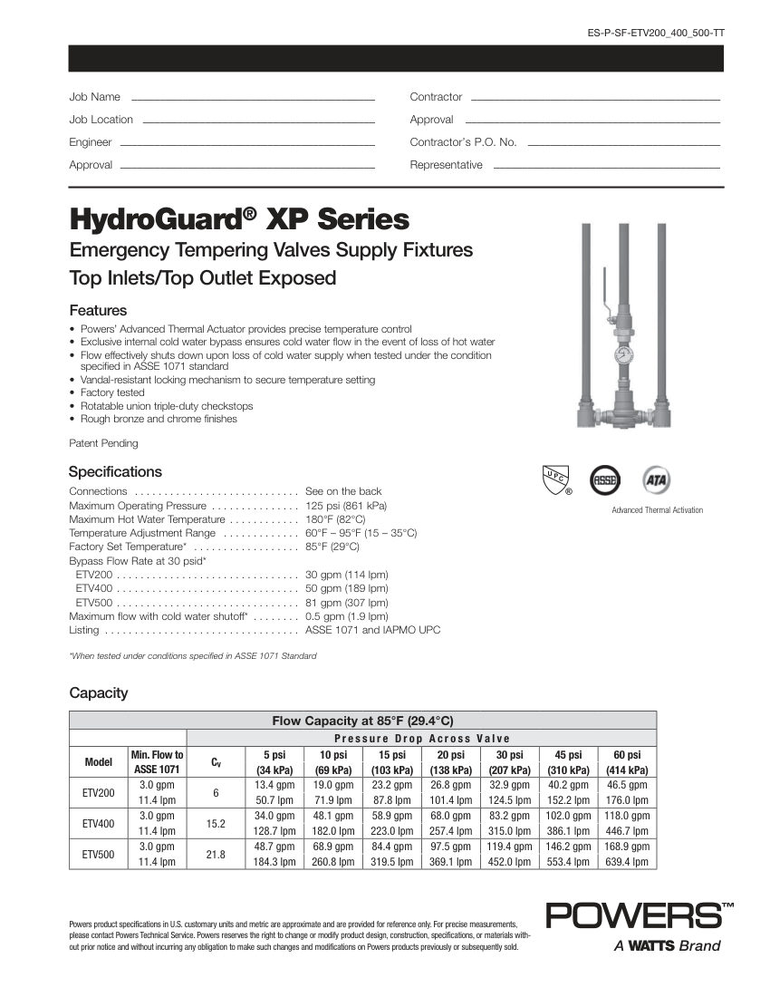 Powers Powers ETV200 Exposed - Top Inlet/Top Outlet cut sheet — first page