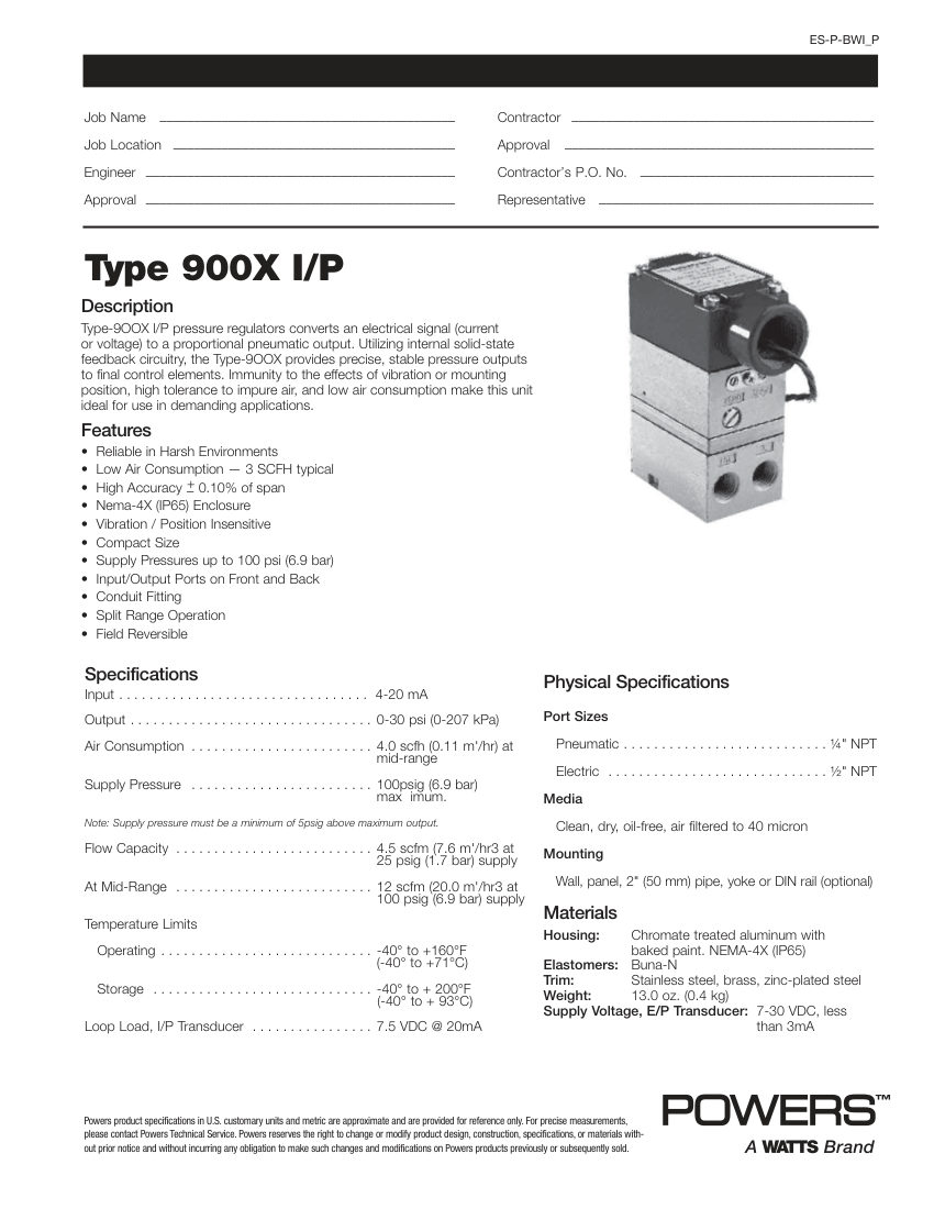Powers Type 900X I/P cut sheet — first page