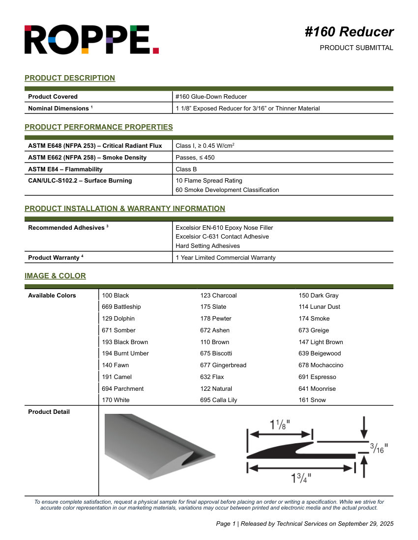 Roppe 160REDUCER cut sheet — first page