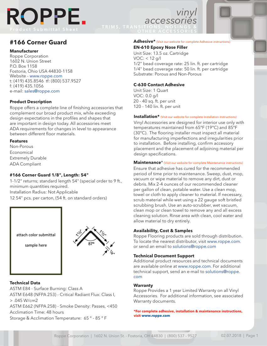 Roppe 166CORNERGUARD cut sheet — first page