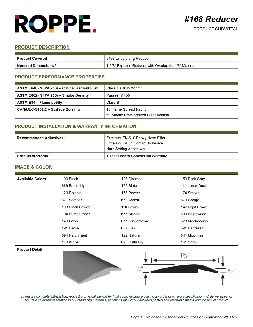 Roppe 168REDUCER cut sheet — first page