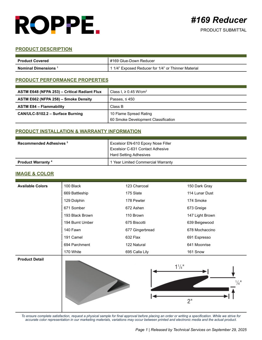Roppe 169REDUCER cut sheet — first page