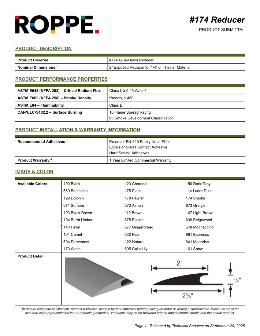 Roppe 174REDUCER cut sheet — first page