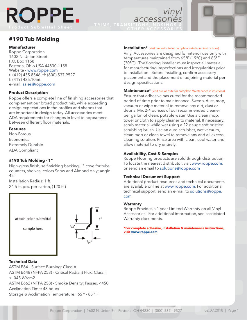 Roppe 190TUBMOLDING cut sheet — first page