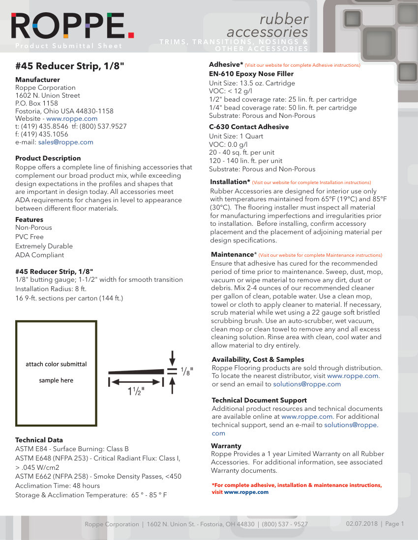 Roppe 45REDUCER cut sheet — first page