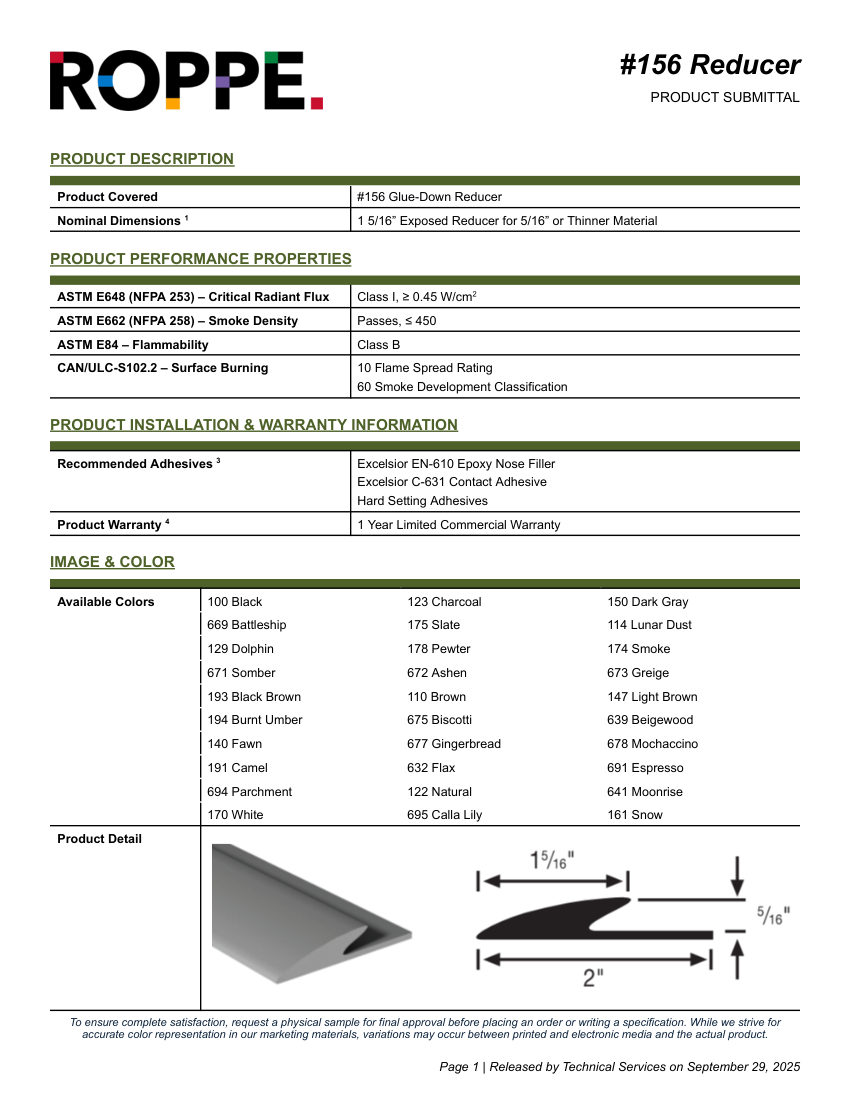 Roppe Roppe #156 Glue Down Reducer Product Submittal cut sheet — first page
