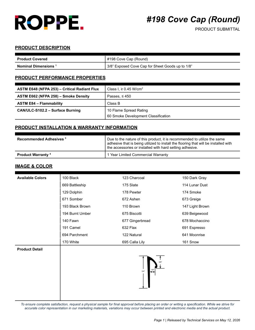 Roppe Roppe #198 Cove Cap Round Product Submittal cut sheet — first page