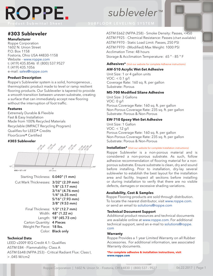 Roppe Roppe #303 Subleveler Product Submittal cut sheet — first page
