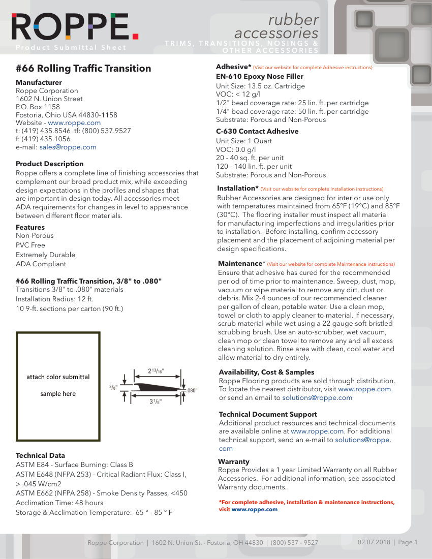 Roppe Roppe #66 Rolling Traffic Transition Product Submittal cut sheet — first page