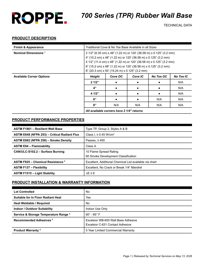 Roppe Roppe 700 Series Wall Base cut sheet — first page
