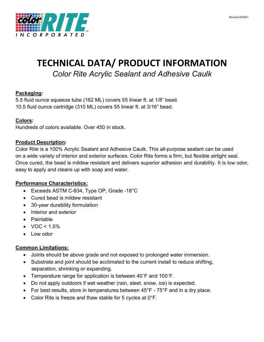 Roppe Roppe Color Rite Technical cut sheet — first page