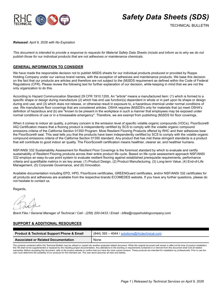 Roppe Roppe (M)SDS Response cut sheet — first page