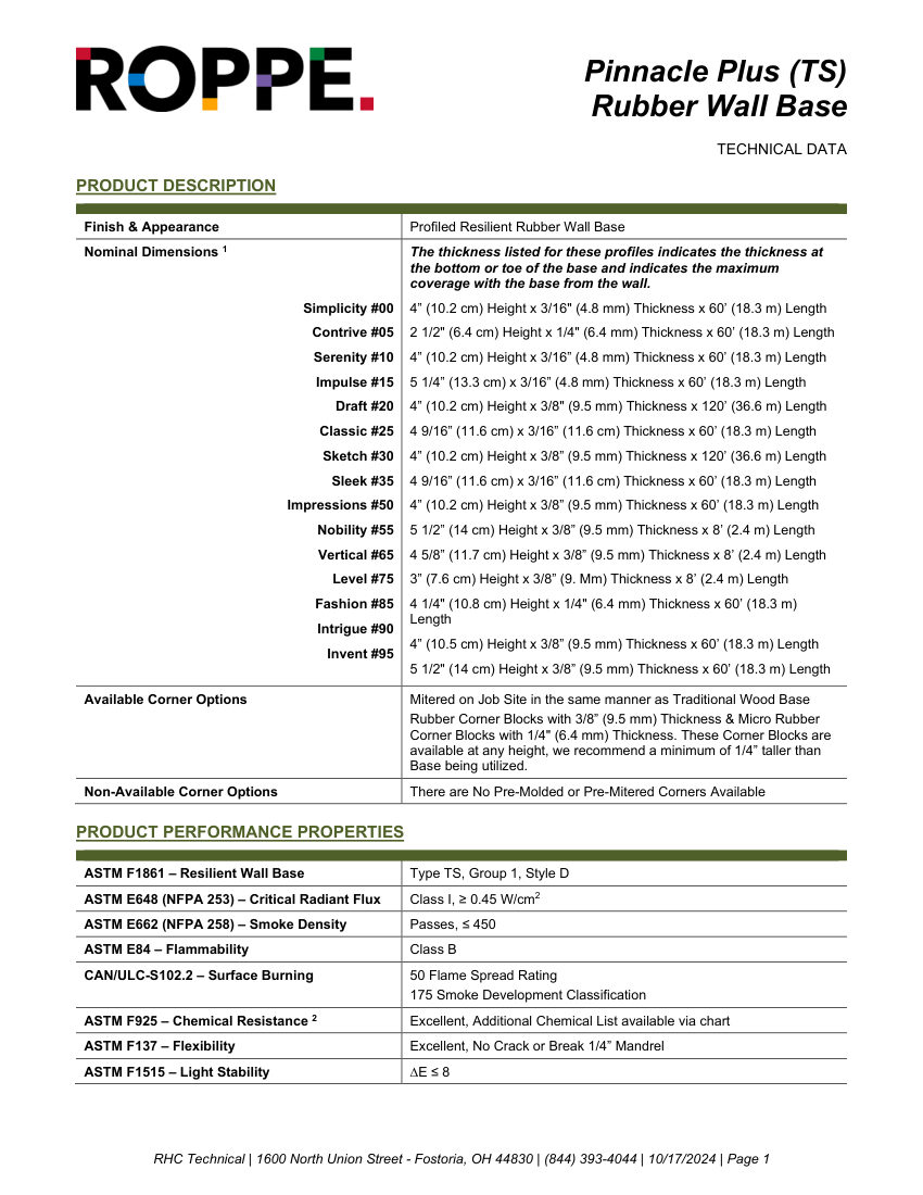 Roppe Roppe Pinnacle Plus Rubber Wall Base cut sheet — first page