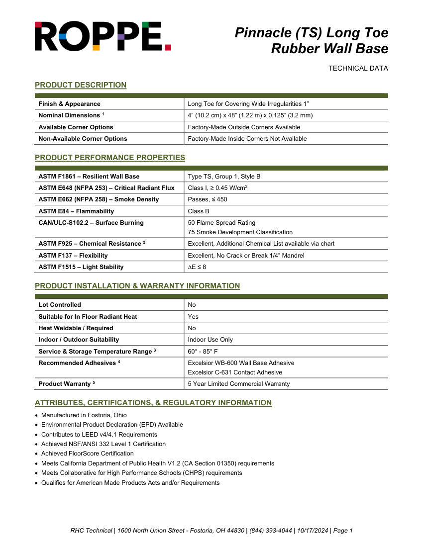 Roppe Roppe Pinnacle Rubber Long Toe Wall Base cut sheet — first page