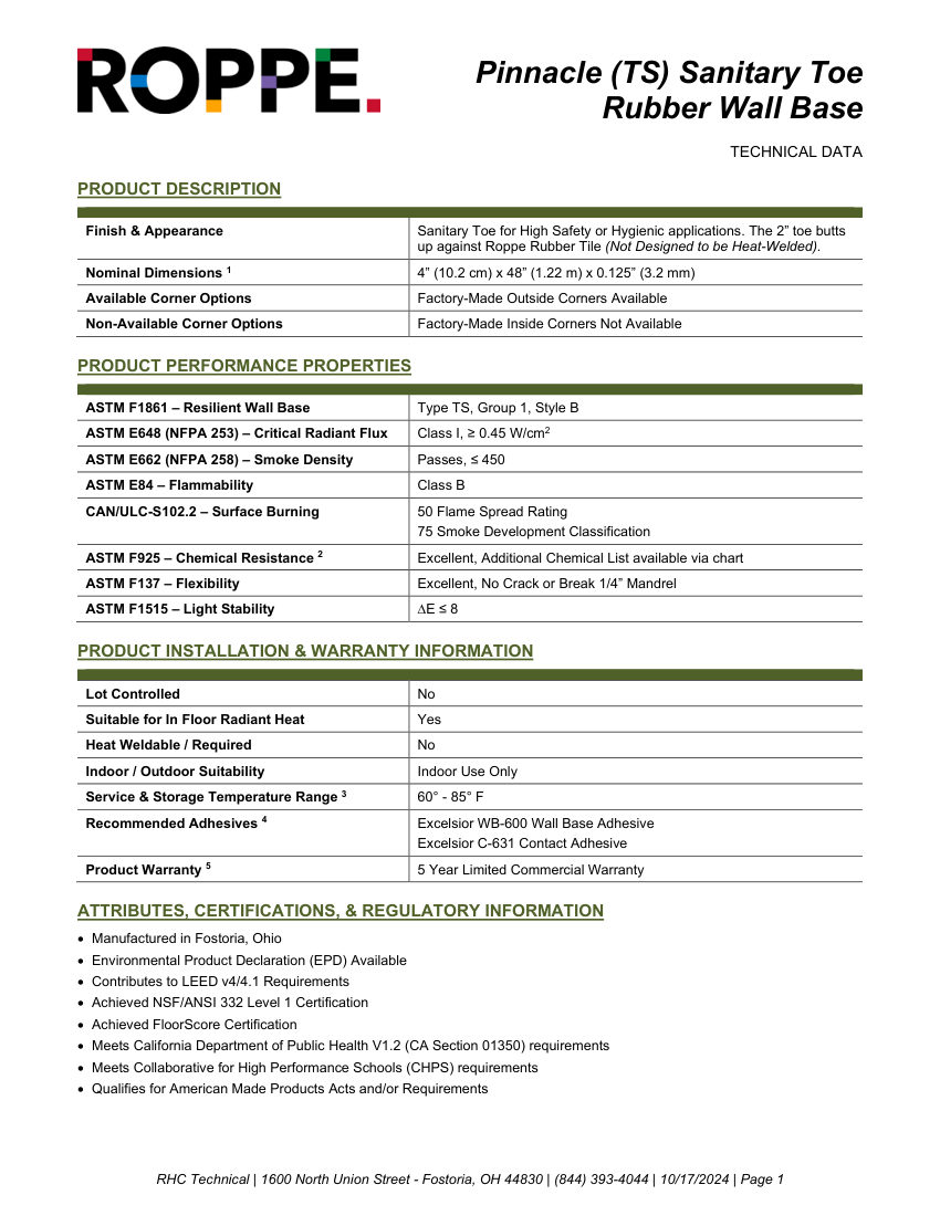 Roppe Roppe Pinnacle Rubber Sanitary Toe Wall Base cut sheet — first page