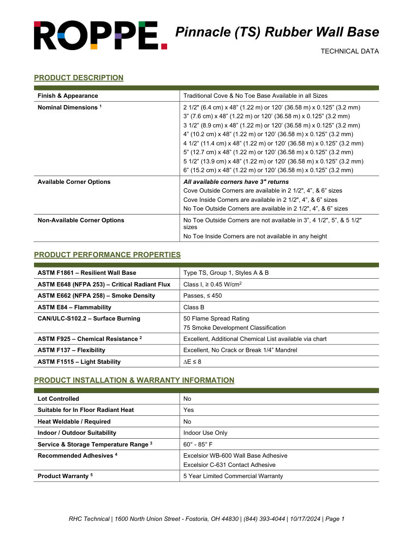 Roppe Roppe Pinnacle Rubber Wall Base cut sheet — first page