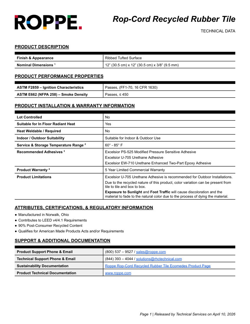 Roppe Roppe Rop-Cord Recycled Rubber Tile cut sheet — first page