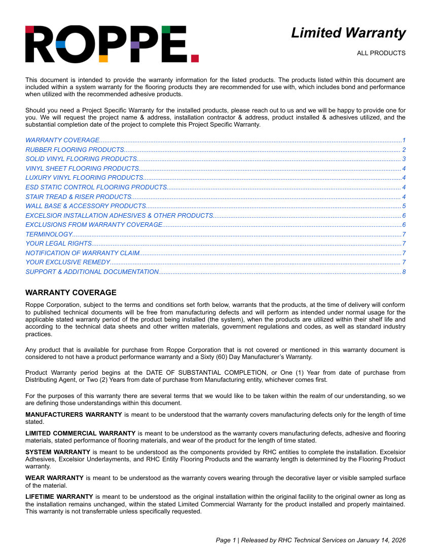Roppe Roppe Roppe Limited Warranty cut sheet — first page