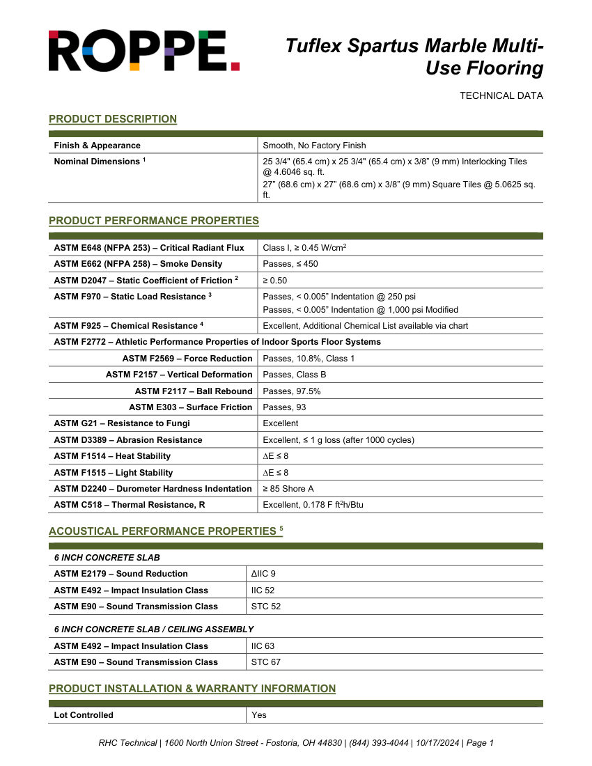 Roppe Roppe Tuflex Spartus Marble Multi-Use Rubber Tile cut sheet — first page