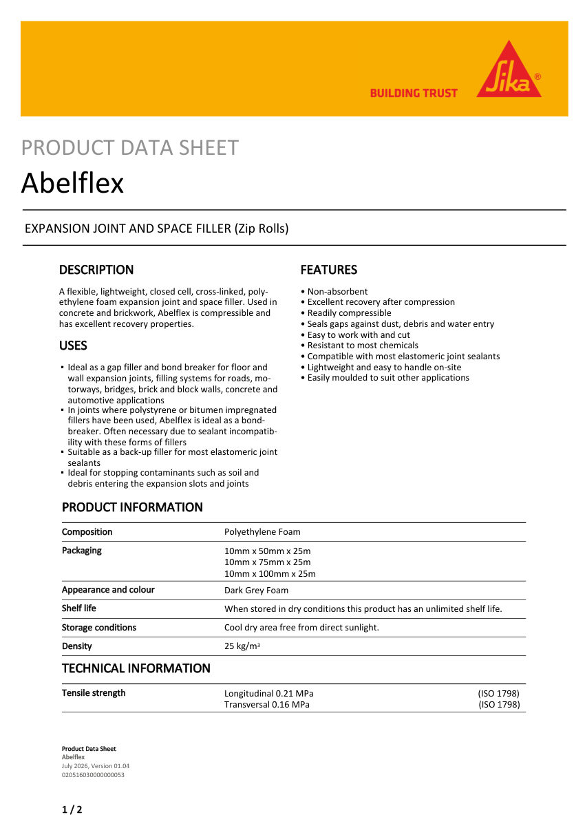 Sika Abelflex cut sheet — first page