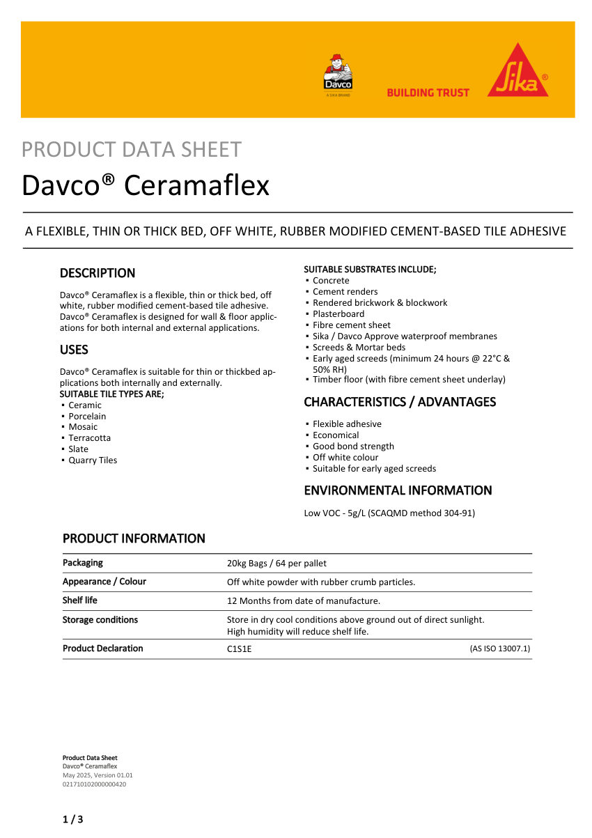 Sika Davco® Ceramaflex cut sheet — first page