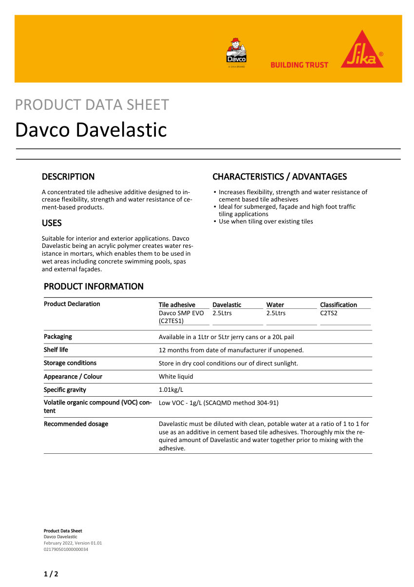 Sika Davco Davelastic cut sheet — first page
