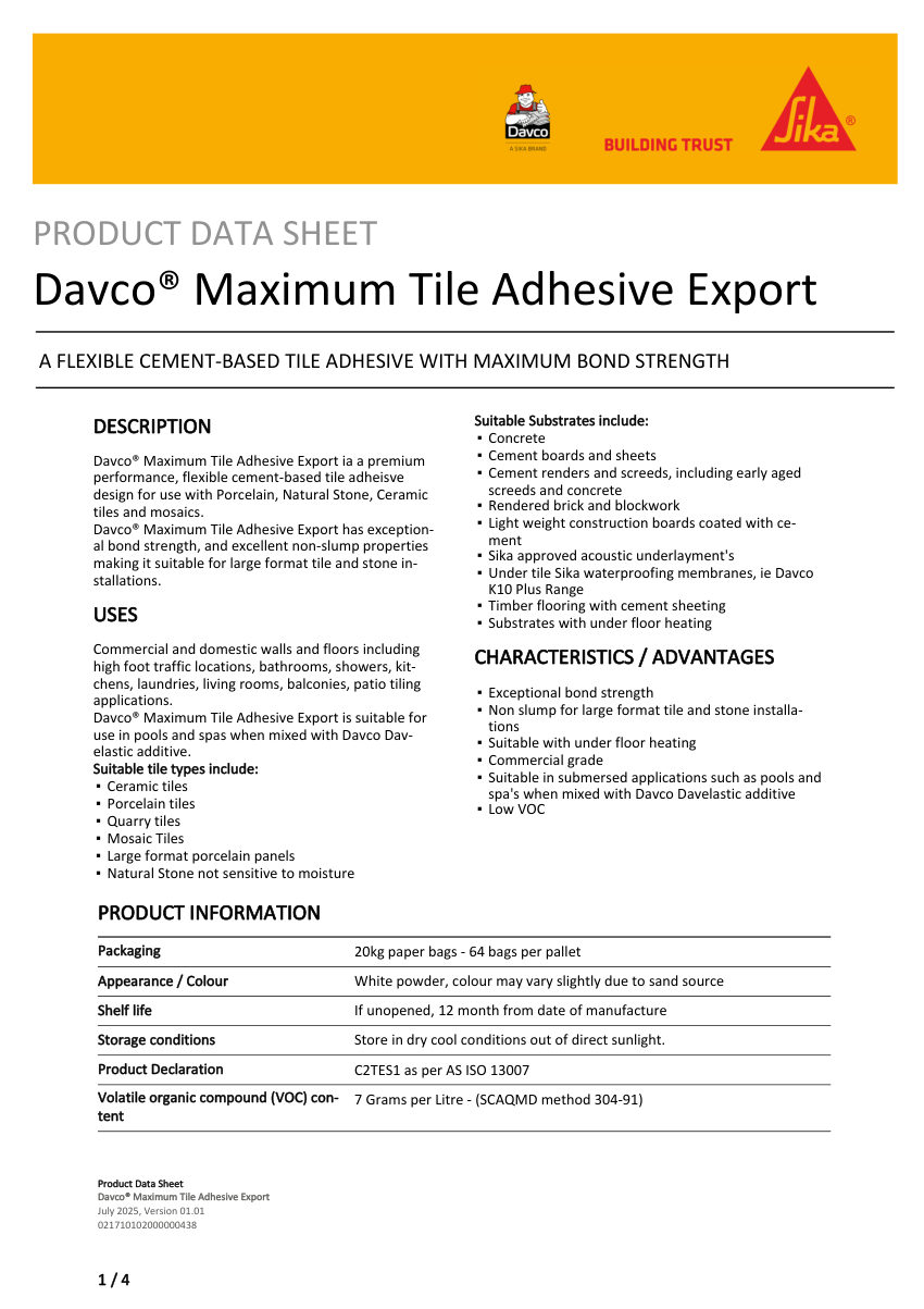 Sika Davco® Maximum Tile Adhesive Export cut sheet — first page