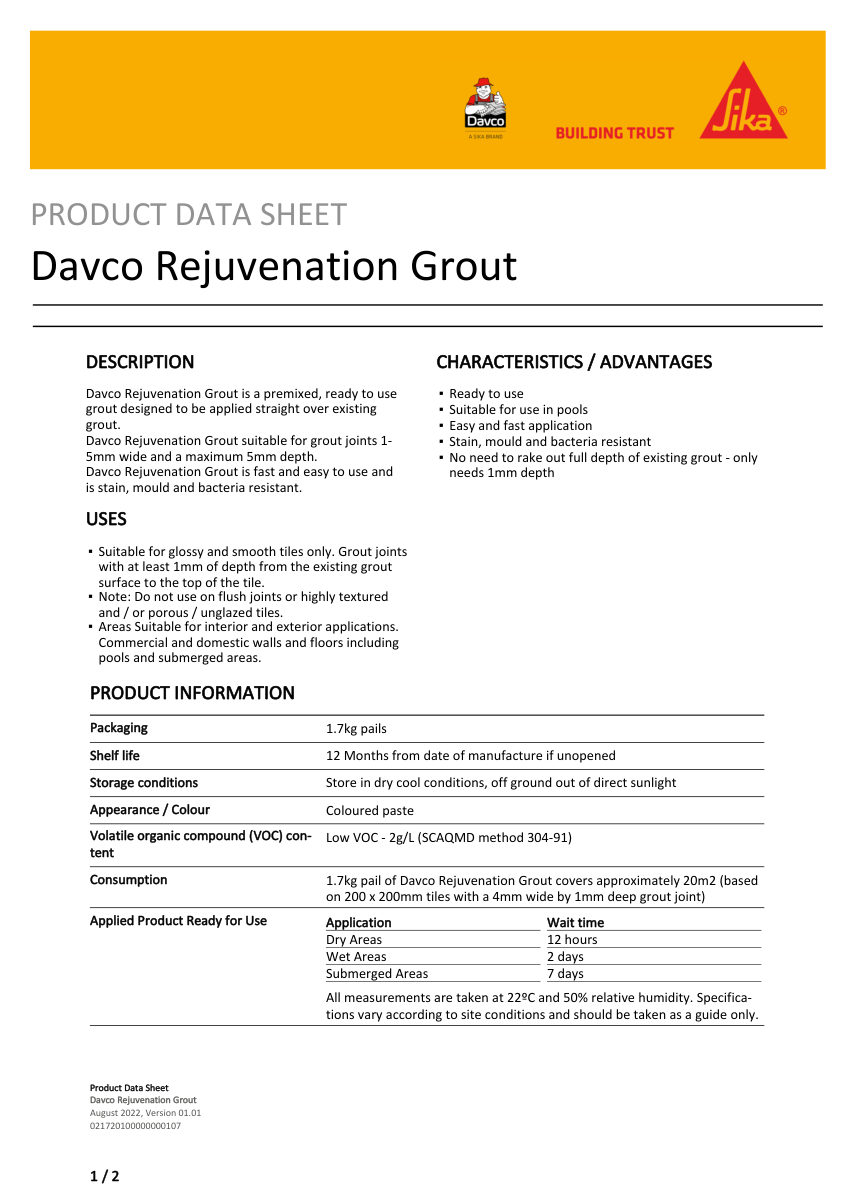 Sika Davco Rejuvenation Grout cut sheet — first page