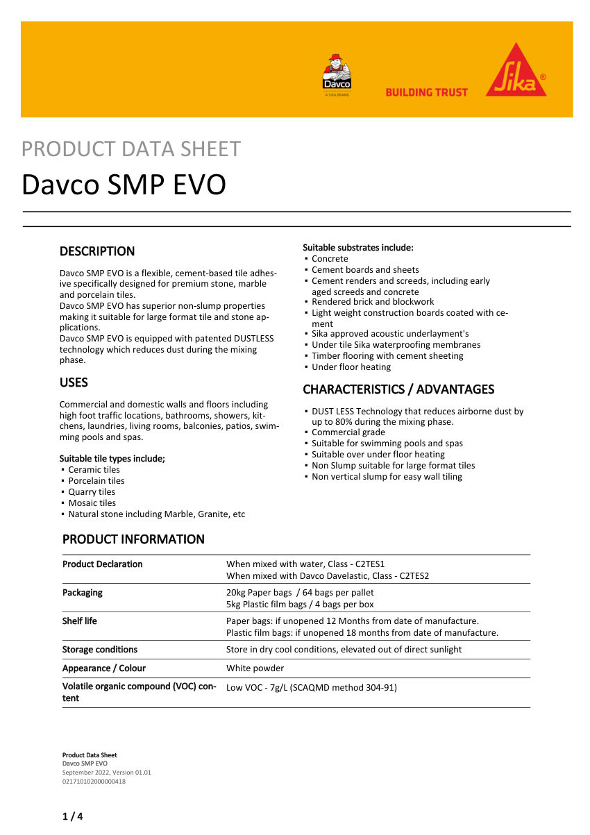 Sika Davco SMP EVO cut sheet — first page