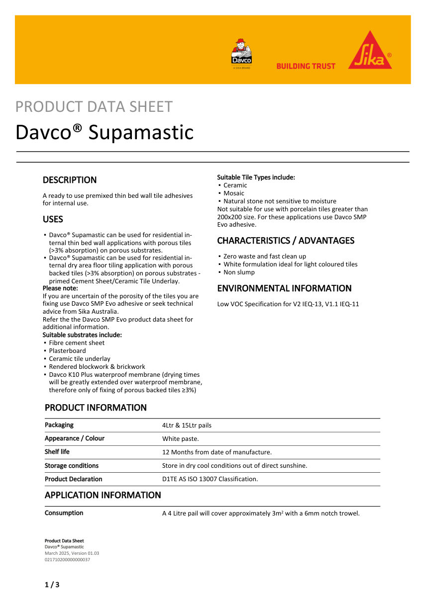 Sika Davco® Supamastic cut sheet — first page