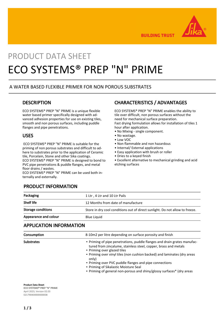 Sika ECO SYSTEMS® PREP "N" PRIME cut sheet — first page