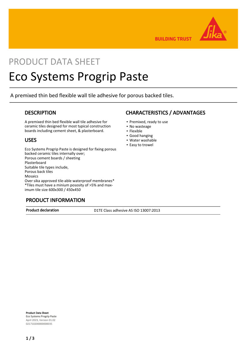 Sika Eco Systems Progrip Paste cut sheet — first page