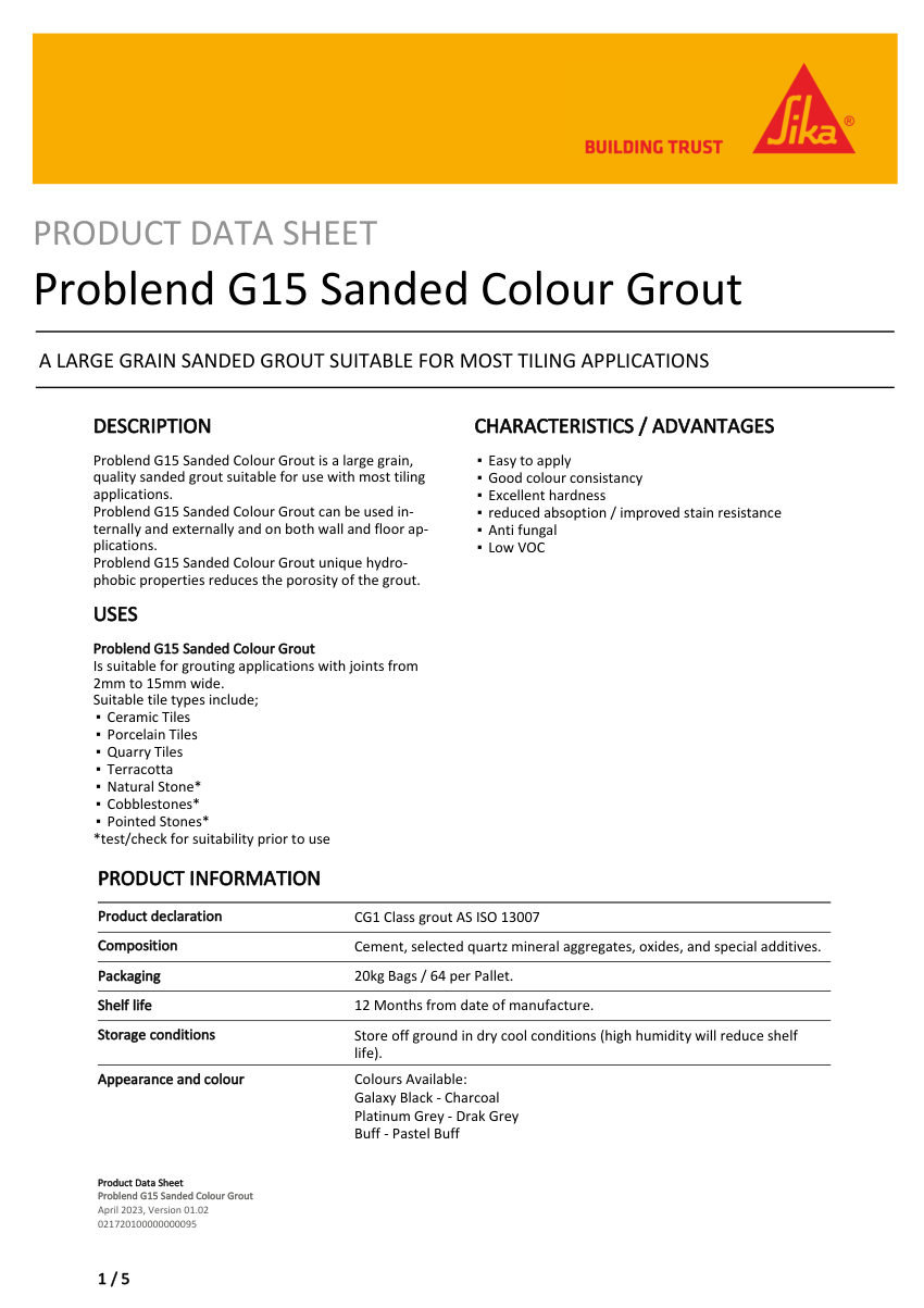 Sika Problend G15 Sanded Colour Grout cut sheet — first page