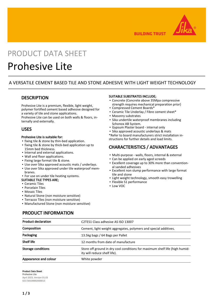 Sika Prohesive Lite cut sheet — first page