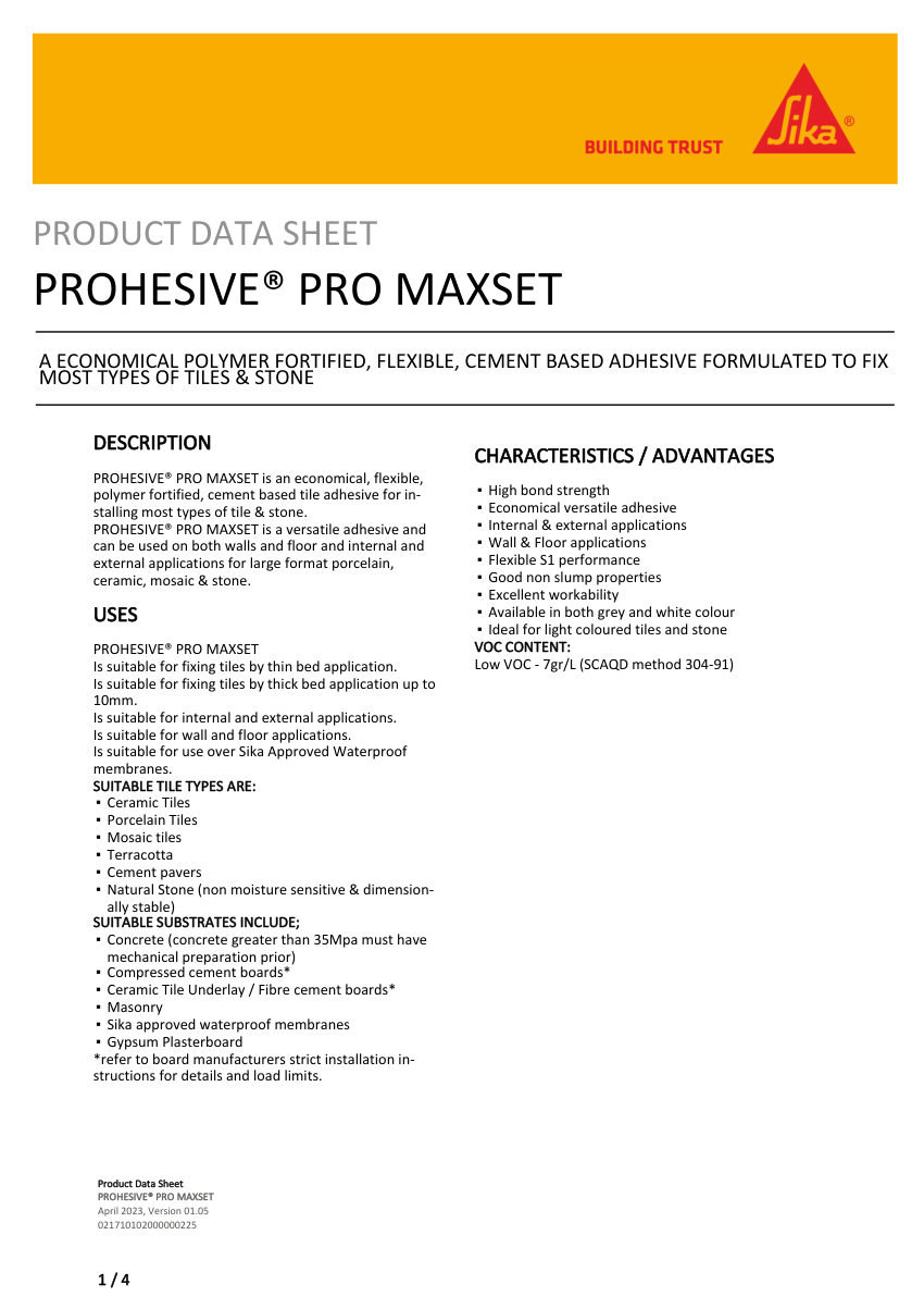 Sika PROHESIVE® PRO MAXSET cut sheet — first page