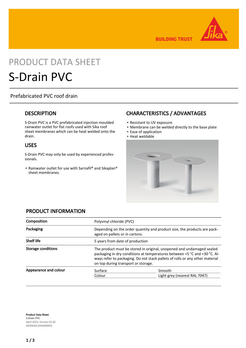 Sika S-Drain PVC cut sheet — first page