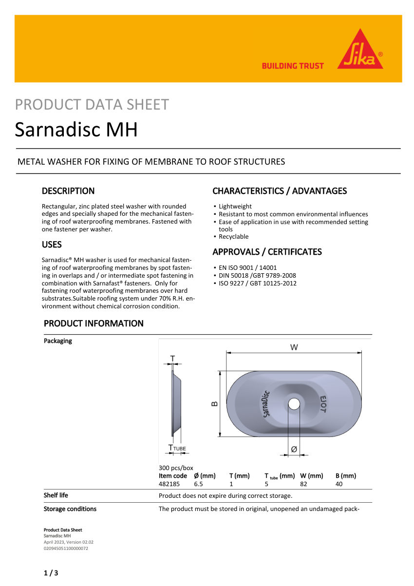 Sika Sarnadisc MH cut sheet — first page