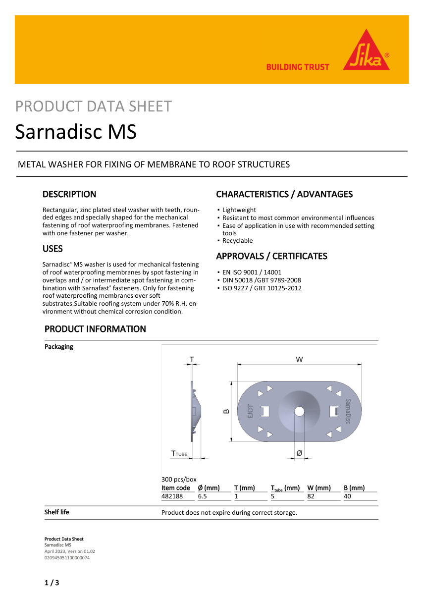 Sika Sarnadisc MS cut sheet — first page