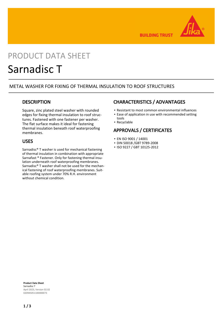 Sika Sarnadisc T cut sheet — first page